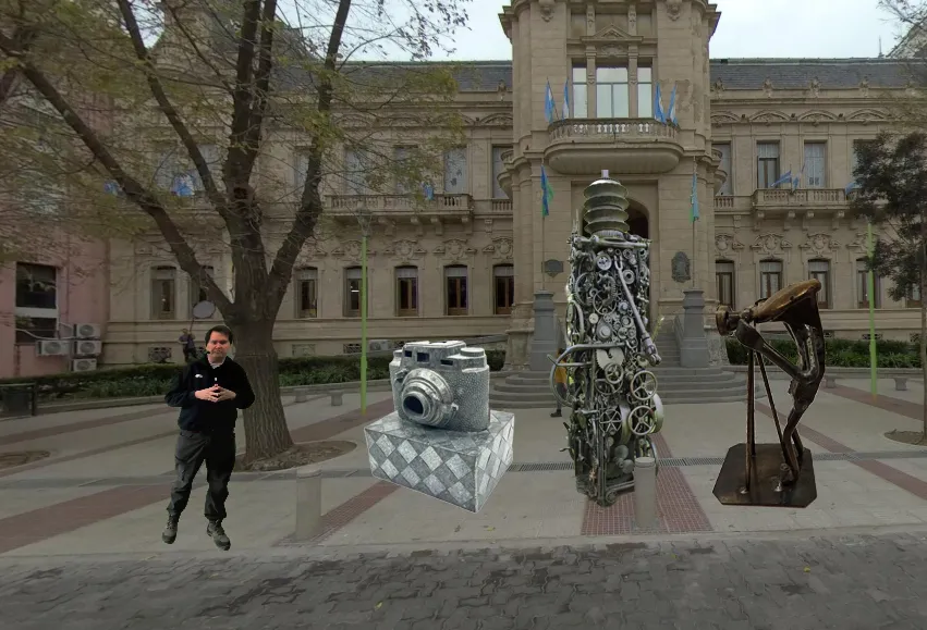 Fotomontaje conceptual de tres posibles tótems escultóricos frente al Palacio Municipal de Bahía Blanca.